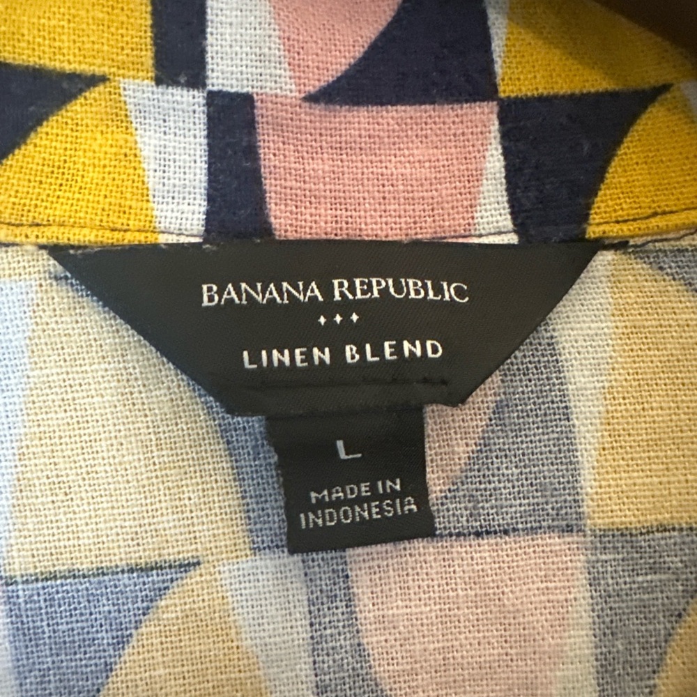 Banana Republic Linen Blend Geometric Print Button Front Top L Coastal Resort - Picture 4 of 6